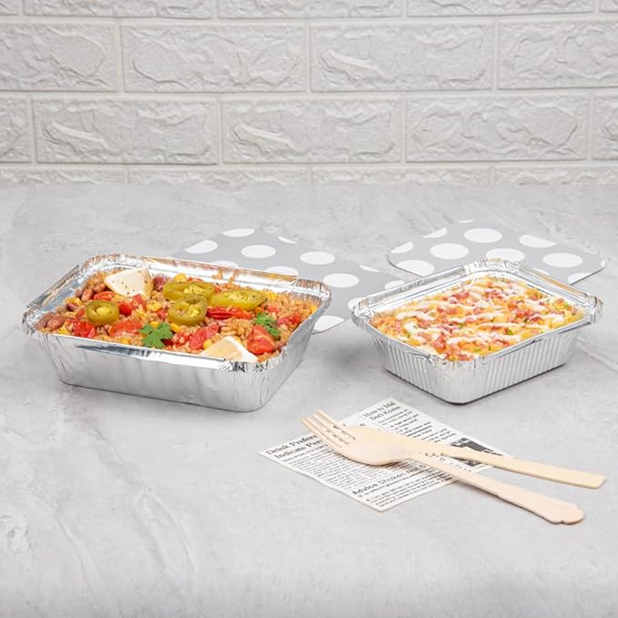 Restaurantware 16 Ounce Disposable Takeout Containers 50 Rectangle Food Containers - With Polka Dot Lids Silver Takeaway Containers Aluminum Delivery Containers Freezable