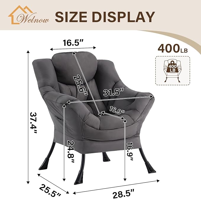 Welnow Lazy Chair for Living Room, Modern Reading Lounge Accent Chair with Armrests and a Side Pocket, Leisure Upholstered Lazy Sofa for Small Space, Bedroom, Dorm, Dark Grey