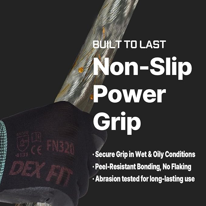 DEX FIT Nylon Work Gloves FN320, 3D Comfort Fit, Power Grip, Lightweight & Breathable, Touchscreen, Gardening, Yard Work, Warehouse, Delivery Driver Gloves; Black 8 (M) 3 Pairs