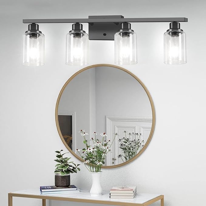 Bathroom Vanity Light, 4-Light Modern Matte Black Wall Sconce Lighting with Clear Glass Shade, Black Wall Lights,Bath Vintage Wall Mounted Lamps for Mirror Bedroom,Living Room