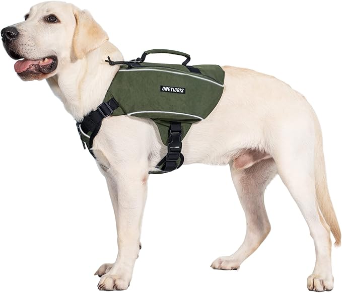ONETIGRIS Y-Shaped Dog Backpack with Handle, Pockets & No Pull D-Rings, Lightweight Hiking Gear for Dogs Hunting Camping Travel (Large, Green)