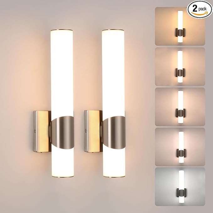 Wall Sconces Set of Two Brushed Nickel 5CCT Dimmable Bathroom Sconce with Acrylic Shade LED Hardwired Wall Light Fixtures for Bathroom Living Room Bedroom Hallway, 2 Pack