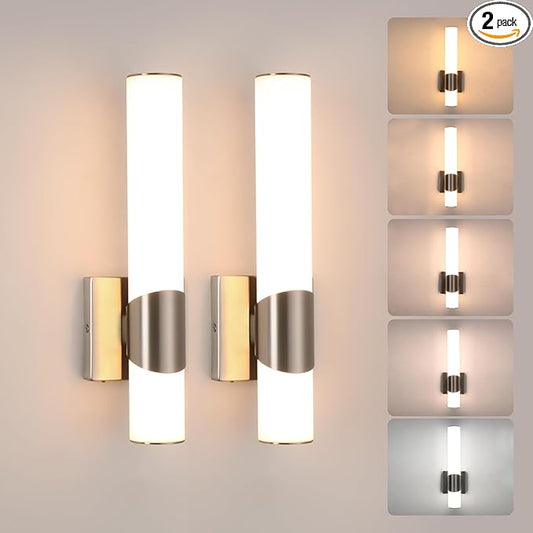Wall Sconces Set of Two Brushed Nickel 5CCT Dimmable Bathroom Sconce with Acrylic Shade LED Hardwired Wall Light Fixtures for Bathroom Living Room Bedroom Hallway, 2 Pack