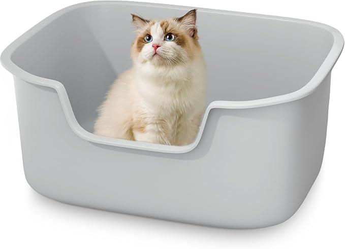 Large Cat Litter Box with High Sides, Side Entry Open Top Deep Tall Litter Pan, Kitty Litter Box for Indoor Small and Medium Cats, Grey (Anti-Splashing) 19.7" L x 15.4" W x 8.6" H