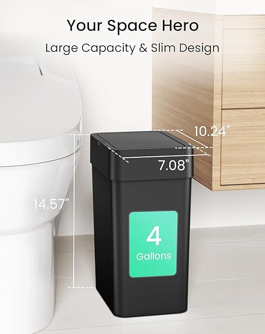 Cesun Bathroom Trash Can with Lid, 4 Gallon Motion Sensor Garbage Can Automatic Touchless Trash Cans, Slim Plastic Smart Waste Basket for Bedroom, Office, Living Room, Black