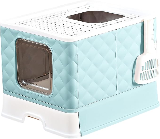 Gagee Foldable Cat Litter Box, Extra Large Front Entry Top Exit Box with Lid, Drawer Type Enclosed Kitty Scoop, Anti-Splashing Toilet Easy Cleaning,Blue