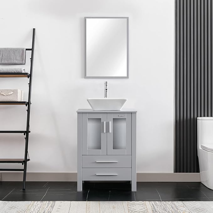 eclife 24" Modern Bathroom Vanity Sink Combo Freestanding Cabinet with Soft Closing Door, White Square Ceramic Vessel Sink, Water Save Faucet, Drain (Gray+A07)