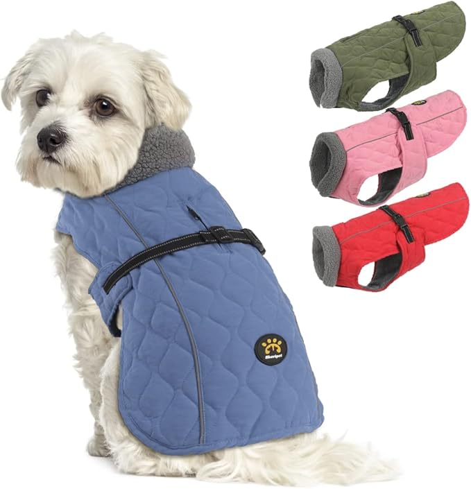 Dog Winter Jackets, Furry Collar Warm Coats for Dogs with Fleece Lining, Reflective Cold Weather Doggie Jackets with Leash Hole and Buckle, Windproof Pet Coats for Large Dogs, Blue L