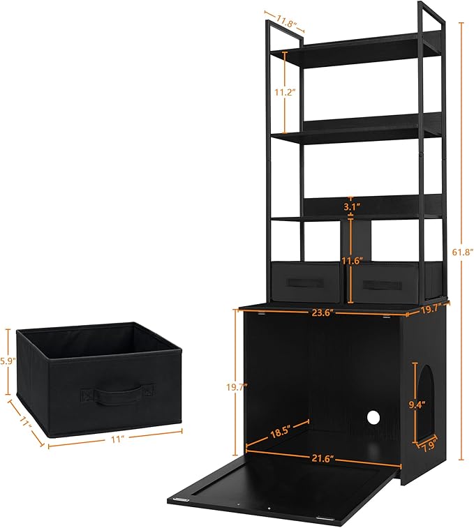 Dwanton Litter Box Enclosure with 3 Storage Shelves and 2 Drawers, 2-in-1 Hidden Cat Litter Box Enclosure Furniture with Shelf, Reversible Entrance, Washable Drawers, 61.8-Inch, Black