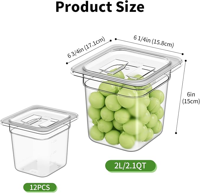 1/6 6'' 12 Pack Plastic Food Pans With Lids, Clear Food Pan, Commercial Stackable Polycarbonate Freezer-Safe for Fruits Vegetables Restaurant Kitchen