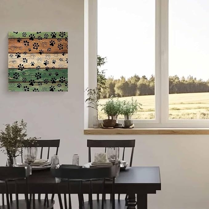 Framed Canvas Wall Art for Living Room Dog Paw Print Wall Decor, Retro Green Brown Wood Grain Aesthetic Paintings for Bedroom Office Kitchen Bathroom, Ready to Hang Artwork Wall Pictures 24x24 Inch