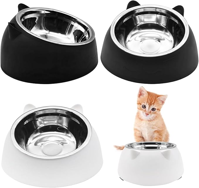 Hamiledyi Raised Cat Bowls 4 PCS - 15° Tilted Elevated Stainless Steel Food & Water Bowls for Anti-Vomiting, Spill Proof - Detachable Pet Dish Set for Cats/Kittens Feeding (Black+White, 200+400 ML)