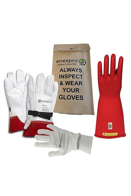 Enespro Class 2 Red Rubber Voltage Insulating Glove Premium Kit with FR Knit Glove and Leather Protectors, Max. Use Voltage 17,000V AC/ 25,500V DC, KITGC2R11AG