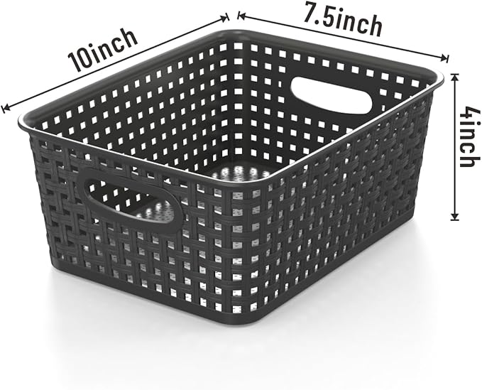 9-Pack Plastic Woven Storage Baskets Set -Grey Organizer Bins for Shelves, Kitchen Pantry, Bathroom, Office | 10.1"L x 7.55"W x 4.1"H | Multi-Purpose Shelf Basket Organizers