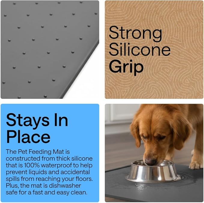 GORILLA GRIP 100% Waterproof Raised Edge BPA Free Silicone Pet Feeding Mat, Dog Cat Food Mats Contain Spills Protects Floors, Placemats for Cats and Dogs Water Bowl, Pets Accessories 28x18 Charcoal