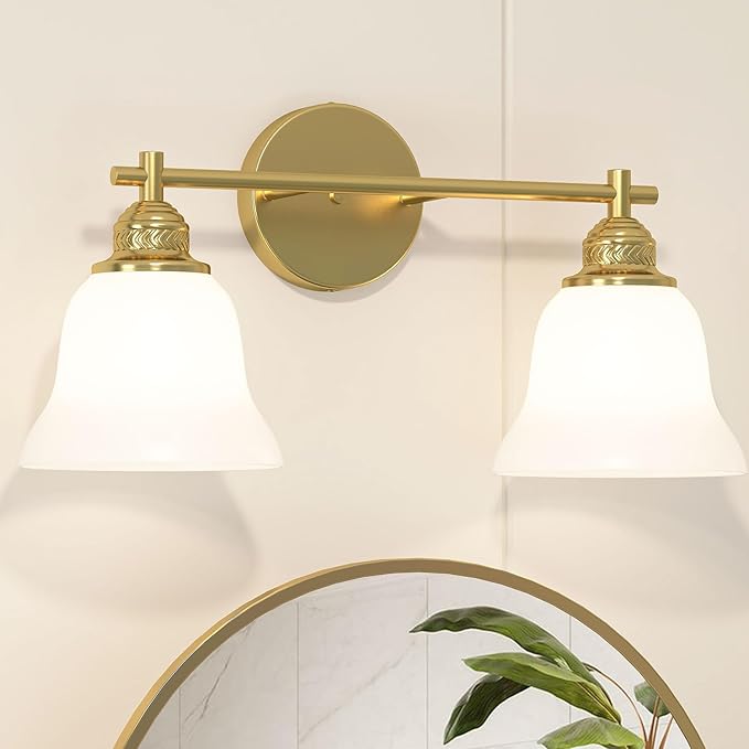 Bathroom Light Fixture, 2-Light Vanity Wall Sconce with Glass Shades, Gold Finish, Light Fixtures Over Mirror for Bathroom, Bedroom, Living Room, Hallway, 18inch