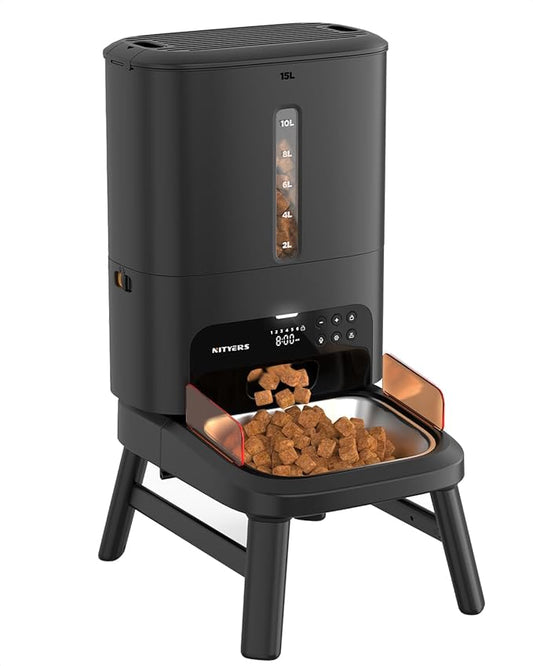 Automatic Dog Feeder for Large Breed - 15L/ 63 Cups Anti-Clog Dog Food Dispenser for 2-23mm Kibble, Elevated Stand, Large Food Tray, Dual Power, Up to 50 Portions 6 Meals Per Day, Keeps Fresh