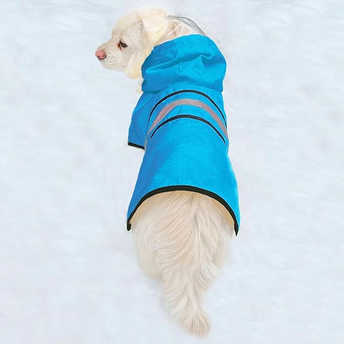 Dog Raincoat Waterproof Reflective Slicker - Lightweight Breathable Hooded Poncho Rain Coat Jacket with Adjustable Belly Strap and Leash Hole for Small Medium Large Dogs (Blue, X-Small)