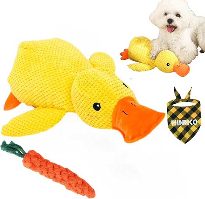 2026 Upgraded Mellow Dog Calming Duck Toy,Large Yellow Stuffed Duck Dog Toy with Carrot,Interactive Chew Toy for Dogs Indoor Puppy (Yellow)