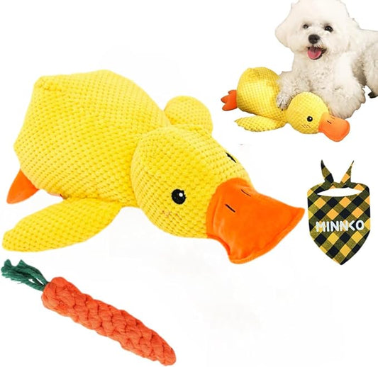 2026 Upgraded Mellow Dog Calming Duck Toy,Large Yellow Stuffed Duck Dog Toy with Carrot,Interactive Chew Toy for Dogs Indoor Puppy (Yellow)