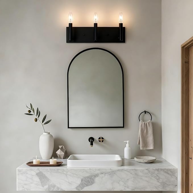 Kalium Bathroom Light Vanity Fixtures Over Mirror, 3-Lights Modern Matte Black Wall Sconces, Minimalist Wall Lights for Livingroom Bedroom Entryway Hallway Staircase, E12 Base(Bulbs Not Included)