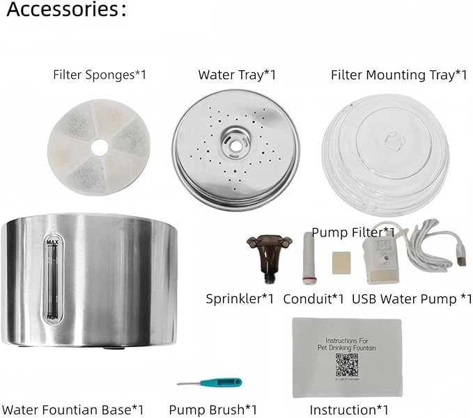 Stainless Steel Cat Water Fountain, 84oz/2.5L Pet Fountain Dog Water Dispenser with Water Level Window for Cats/Dogs Indoor, Flower Style Sprinkler, Silent Automatic USB Wired Dispenser,Filter Sponge