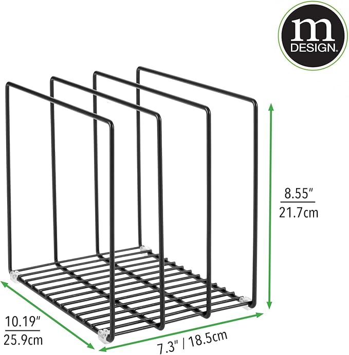 mDesign Steel Storage Tray Organizer Rack for Kitchen Cabinet - Divided Holder with 3 Slots for Skillets, Frying Pan, Pot Lids, Cutting Board, Baking Sheets - Concerto Collection - Black