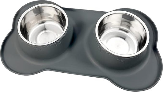 AsFrost Dog Food Bowls Stainless Steel Dog Food & Water Bowl Set with No Spill No Slip Silicone Mat, Dog Dishes for Small Medium Size Dogs Pet Cat Puppy Food Feeding Bowls, Grey, 24oz, 3 Cup
