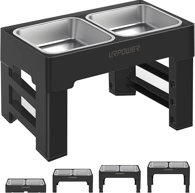 URPOWER Raised Dog Bowls 4 Height Adjustable Elevated Bowl Stand with Stainless Steel Water Bowl Non-Slip Dog Food Bowls Stand for Small Medium Large Dogs and Pets