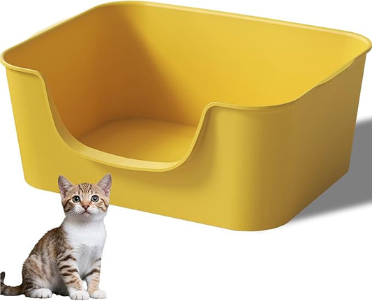 Low Entry Cat Litter Box with High Sides - Open-Top Anti-Splash, Durable Easy-Clean Pan for Kittens, Munchkin Cats, Senior Medium-Sized Cats & Small Pets (Rabbits), 19.3”x13.3”x7.8” Yellow