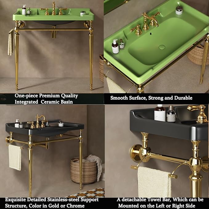 36" Bathroom Console Sink, Wall-Mounted Green Ceramic Vanity Basin with 3 Pre-drilled Faucet Holes, Freestanding Gold Stainless Steel Support Legs with Towel Bar, No Faucet - Rome, Green