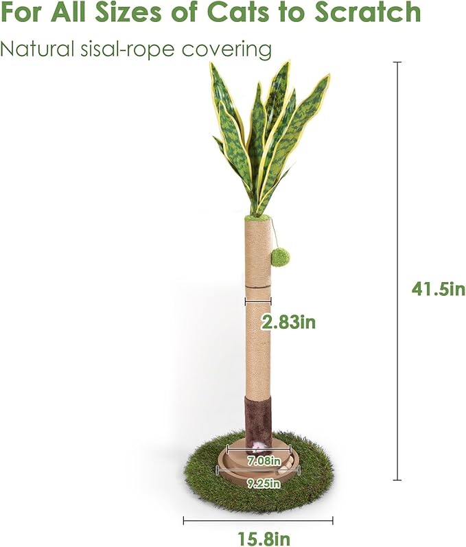 Cat Scratching Post, 35 Inch Tall Cat Scratcher Cat Tree Tower with Hanging Ball for Indoor Cats Adults,Sisal Rope Kitten Scratch with Interactive Mouse Cat Toy (41in, Snake Plant Leaves)