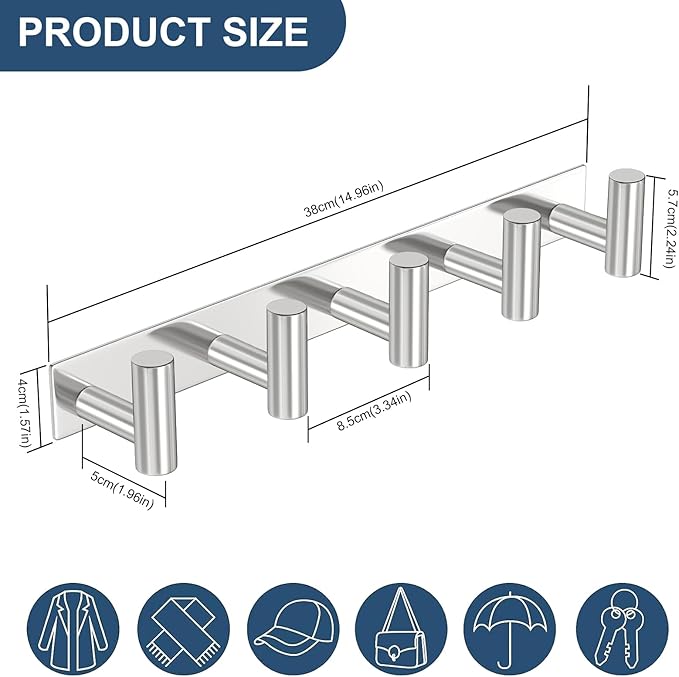PMMASTO Coat Rack Wall Mounted, 5 "T Shaped Wall Hooks for Hanging, Heavy Duty Stainless Steel Coat Hook Rail for Hat Towel Robes in Bathroom Kitchen Mudroom Entryway (Silver, 2 Pack)