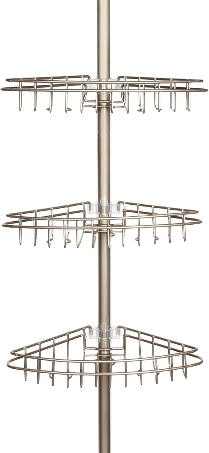 Kenney KN61520 Adjustable Height (5'-9') Spring Tension Metal Corner Pole Shower Caddy with 3 Adjustable Rust-Proof Basket Shelves, Towel Bars, and Razor Holders for Bathroom Shower, Satin Nickel