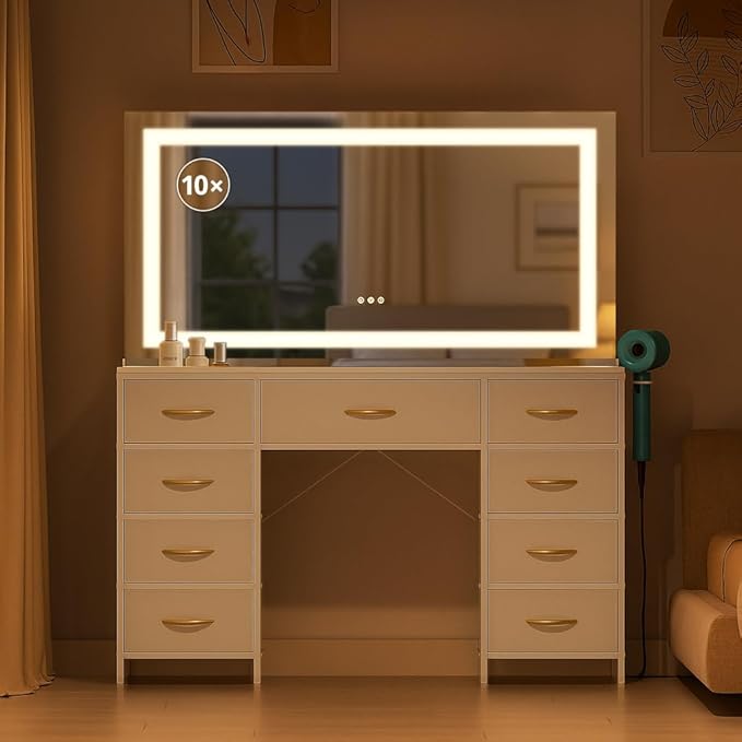 COMHOMA Vanity Desk with Large Mirror,LED and Power Outlet,Makeup Table with 9 Storage Drawersand HD Mirrors,3 Color Modes Adjustable Lighting for Bedroom Dressing Room (White, 47inch)