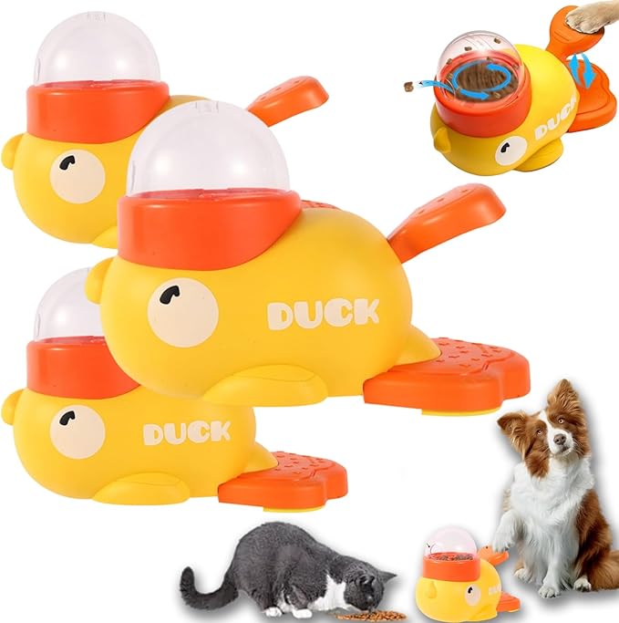 Dog Feeder Puzzle Toy Duck, 2-in-1 Durable Duck Treat Dispenser for Dogs Toy Interactive, Food Puzzle Slow Press and Get Pet Feeder for Dog & Cat (Yellow*3)
