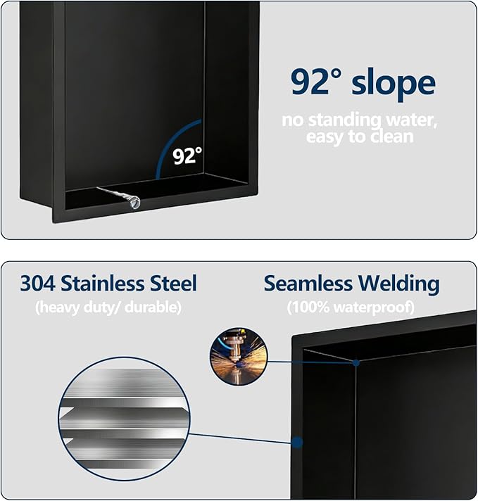 Recessed Wall Niche Cabinet 18" x 12", Matte Black Stainless Steel, No Tile Needed, with 1 Centered Shelf, Shower Niche Storage