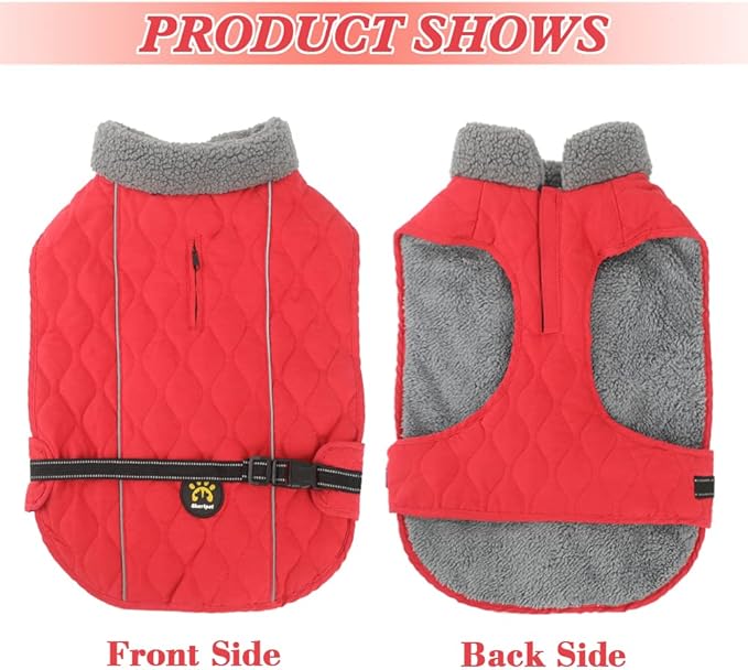 Winter Dog Coats, Warm Fleece Doggie Coat for Small, Medium and Large Dogs, Adjustable Dog Jacket Winter with Nylon Buckle, Reflective Safety Cold Weather Coats for Dogs, Red M