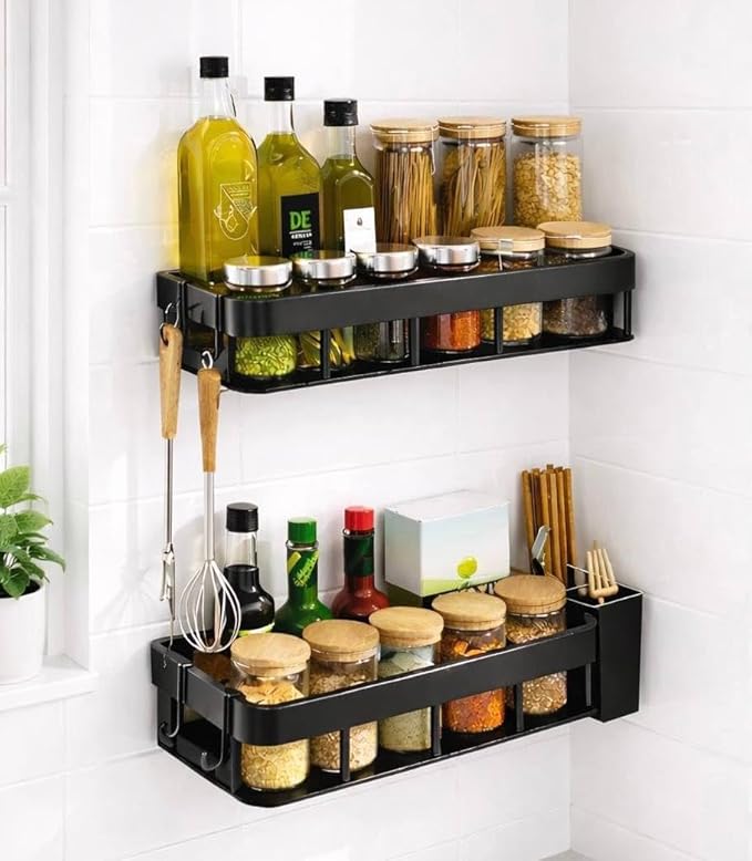 Spice Rack Wall Mount, Adhesive No Drill Wall Mounted Spice Rack for Kitchen & Pantry, 2 Pack Plastic Organizer with Metal Base and Hooks, Renter Friendly