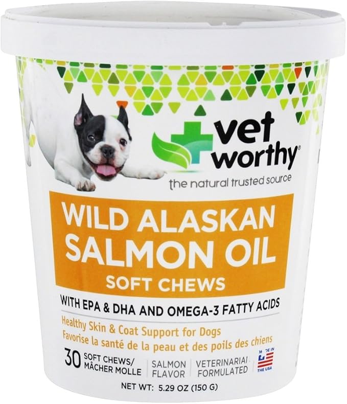 Vet Worthy Salmon Oil Skin and Coat Soft Chews for Dogs - Dog Supplement to Support Healthy Skin and Beautiful Coat - Fish Oil Supplement with Omega 3 Fatty Acids - Salmon Flavor - 30 Soft Chews
