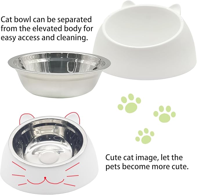Hamiledyi Raised Cat Bowls, 4 PCS Tilted 15 Elevated Stainless Steel Food Bowls, Anti-Vomiting Spill Proof, Detachable for Puppies, Kittens, Rabbits (Black+White, 200ML)