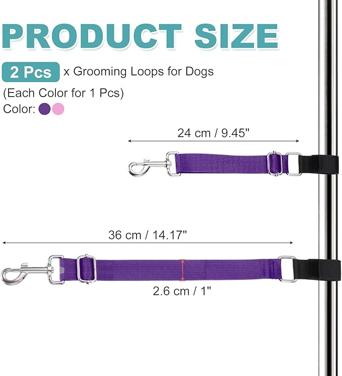Dog Grooming Loop, Dog Grooming Harness Table Arm Accessories Adjustable Secure and Stable Extender Bathing Restraint Leashes (Purple/Magenta, 2 Pcs), for Pet Bathing
