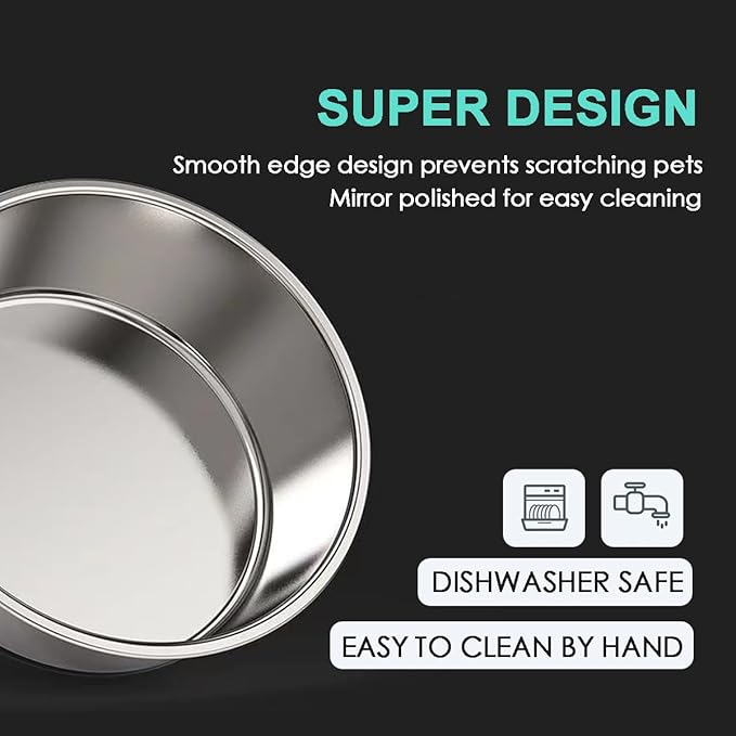 Deep Stainless Steel Non-Skid Dog and Food Bowls, Each Holds Up to 4 Cups, Set of 2 Packs(6.9 x 2.2 Inches)