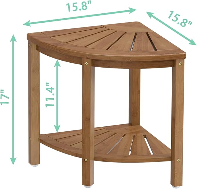 Bamboo Corner Shower Bench Waterproof Stool with Space-Efficient Storage Shelf - Shower Stool Seat for Indoor or Outdoor Use(Walnut)