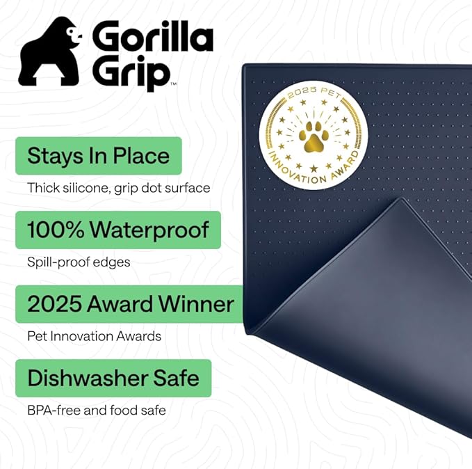GORILLA GRIP 100% Waterproof Raised Edge BPA Free Silicone Pet Feeding Mat, Dog Cat Food Mats Contain Spills Protects Floors, Placemats for Cats and Dogs Water Bowl, Pets Accessories 28x18 Navy