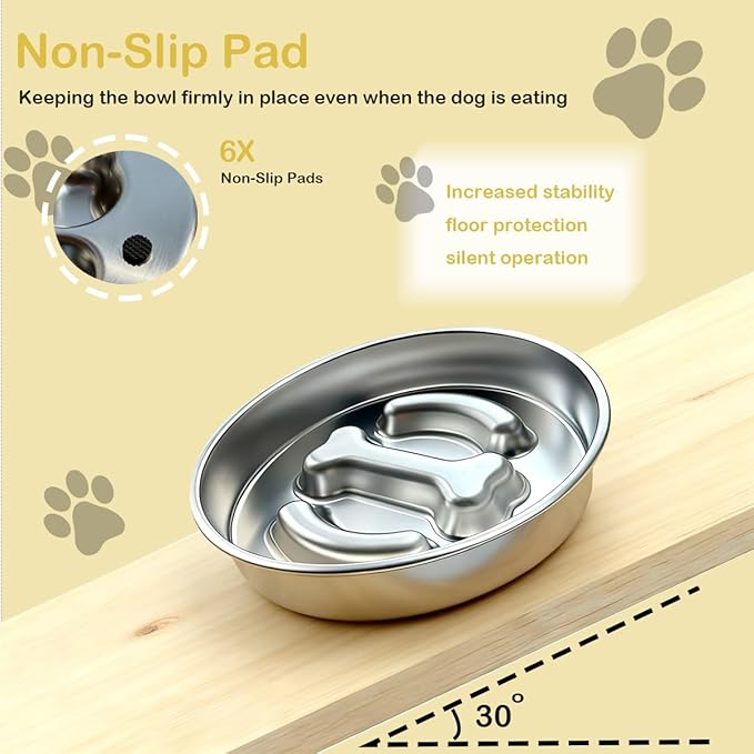 Medium Stainless Steel Slow Feeder Pet Bowls-Non-Slip Stainless Steel Bowl,4-Cup Capacity Slow Feeder to Prevent Indigestion,Dishwasher Safe,Comes with Spatula & Pastry Brush (Bone)