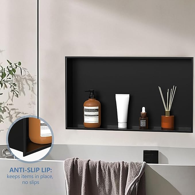 Homevacious Shower Niche 16 x 24 Inch Stainless Steel No Tile Needed Matte Black Bathroom Shelf Rimless Recessed Wall Niche for Bathroom Storage
