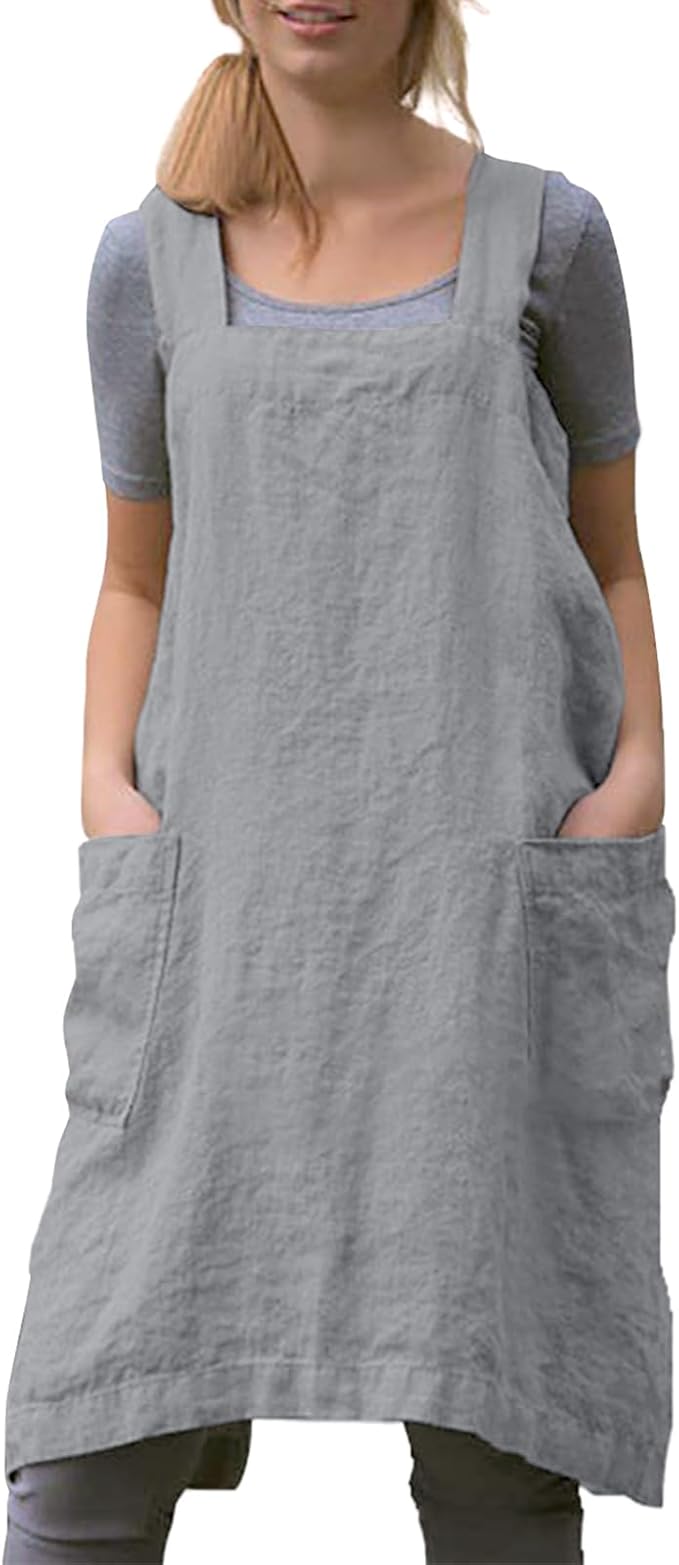Women Apron with 2 Pockets Cotton Linen Kitchen Baking Cooking Chef Cross Back Pinafore Dress
