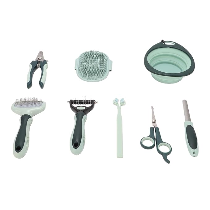8 Pcs Dog Cat Grooming Kit, Professional Deshedding Bath Brush with Rake Nail Clippers Comb Toothbrush, Portable Storage Bag for Daily Pet Care and Shedding Control