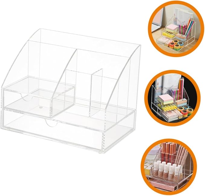 DECHOUS Desktop Acrylic Organizer with Drawer Transparent Multi-compartment Storage Case for Office Supplies Makeup and Items for Use